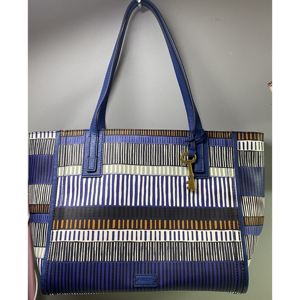 Fossil Coated Canvas Large Tote Purse Bag Blue&White Striped 11x11.5x4.5" EUC‎